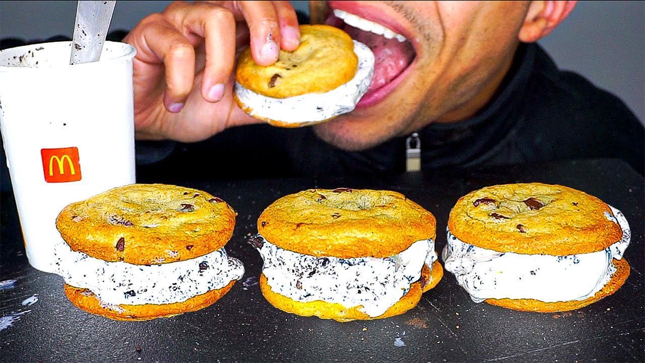MCDONALD'S ICE CREAM SANDWICHES EATING OREO MCFLURRY COOKIES AND CREAM BIG BITES NO TALKING