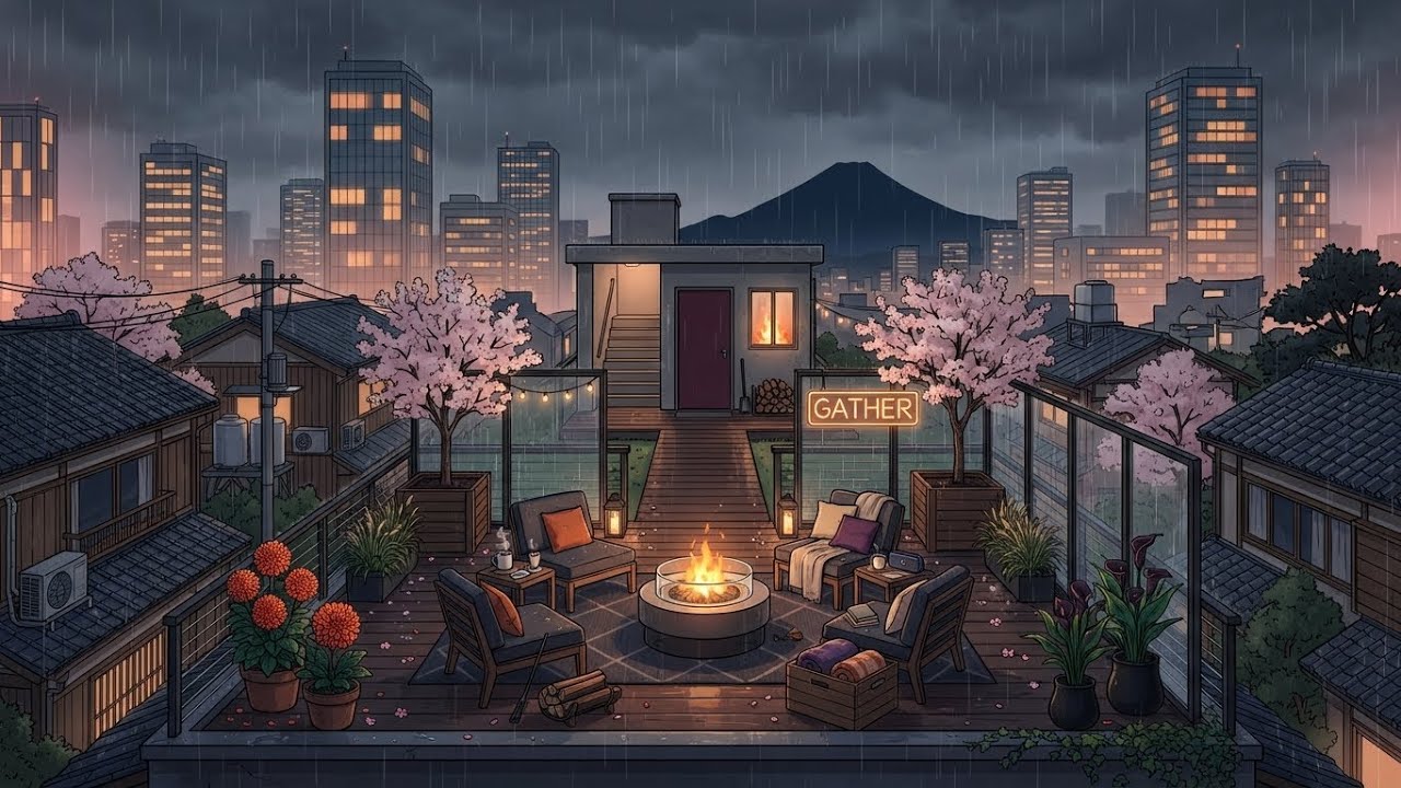 Embers in the Rain Rooftop Lofi Study Beats 🌧️🔥 Spring Night Beats for Calm Focus and Cozy Thinking