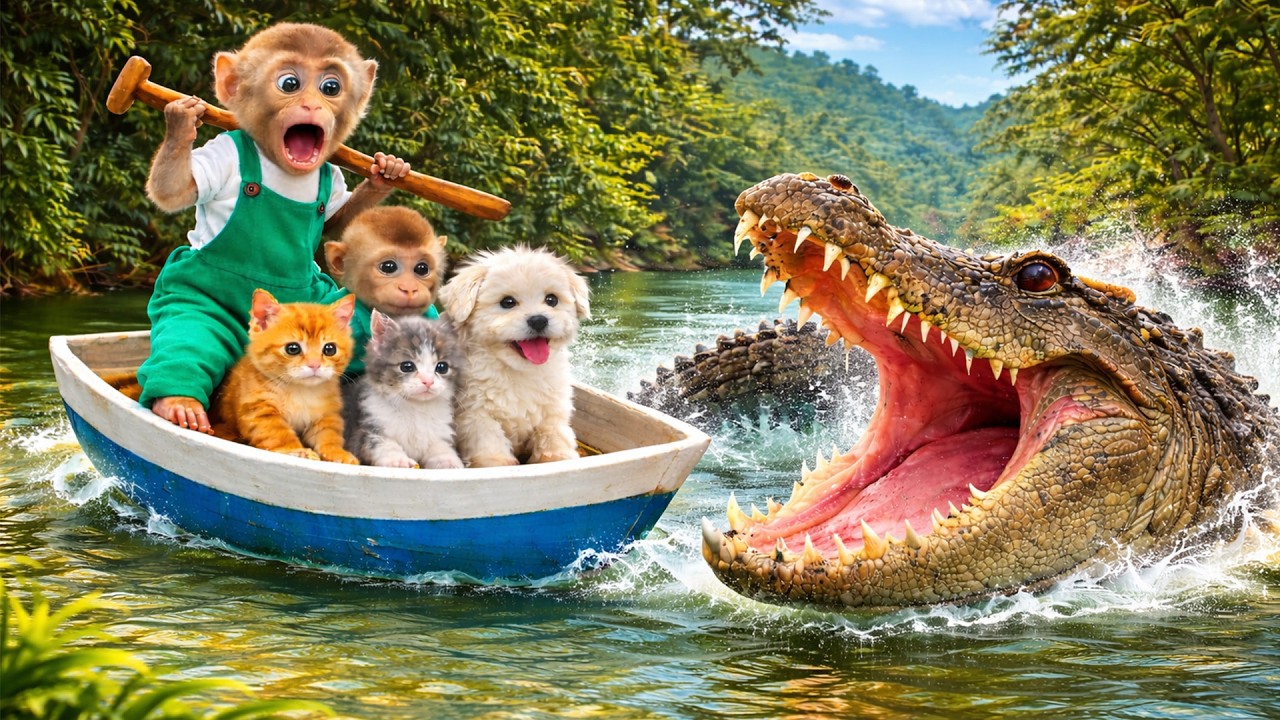 JoJo’s family is boating and playing with a cute puppy and cat when they encounter a giant crocodile