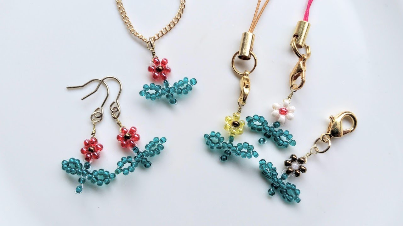 【図で解説！】ビーズのお花のチャームの作り方［葉っぱ付き♪］🌼How to make beaded flower with leaves.