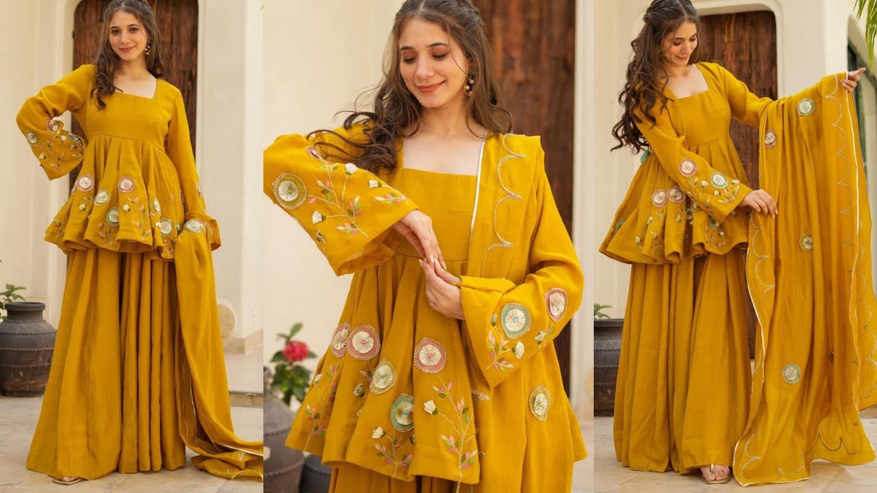 🔥Trendy peplum dress cutting and stitching/peplum frock cutting/peplum kurti/haldi special dress 💛