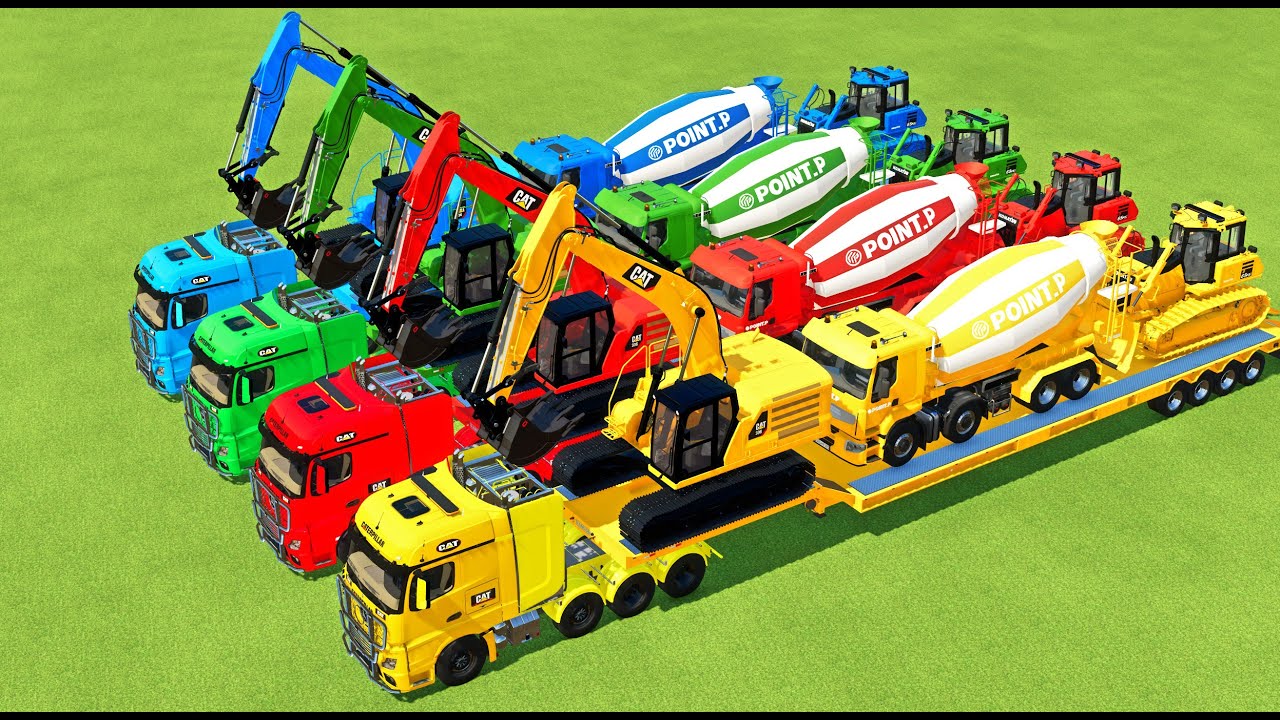 COLORED ACTROS TRUCK TRANSPORT EXCAVATOR, MIXER TRUCK & BULLDOZER TO NEW GARAGE | FS22 | Farming Sim