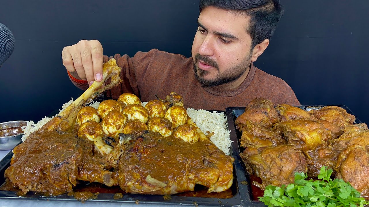 ASMR; EATING SPICY MUTTON LEGS CURRY+EGGS CURRY+SPICY CHICKEN THAI CURRY WITH RICE+EXTRA GRAVY