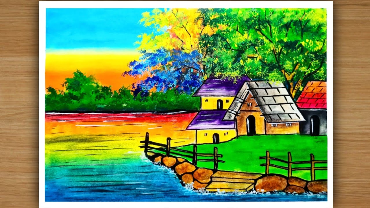 How to draw Landscape drawing with oil pastel for beginners|Easy oil pastel village scenery drawing.
