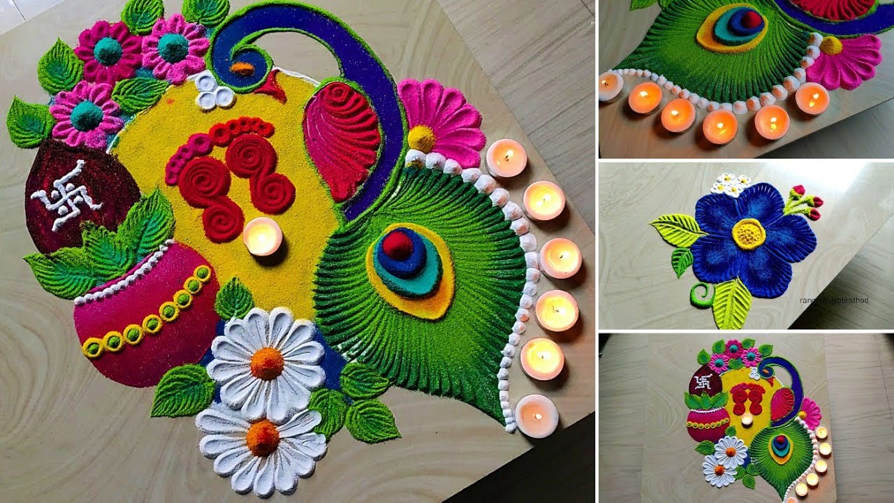 #1373 peacock rangoli designs for diwali || navratri rangoli design