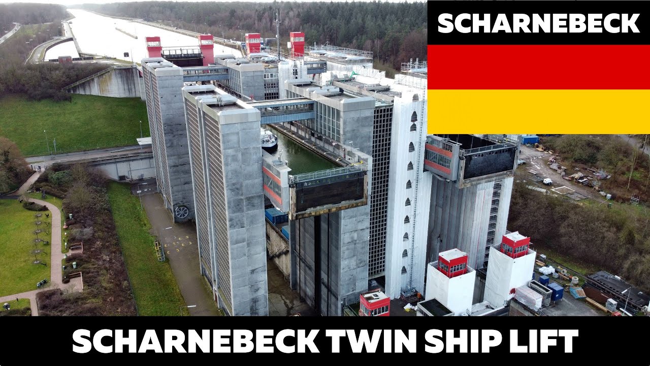 Scharnebeck twin ship lift. Schiffshebewerk (Mavic mini footage). Корабельный лифт в Шарнебеке.