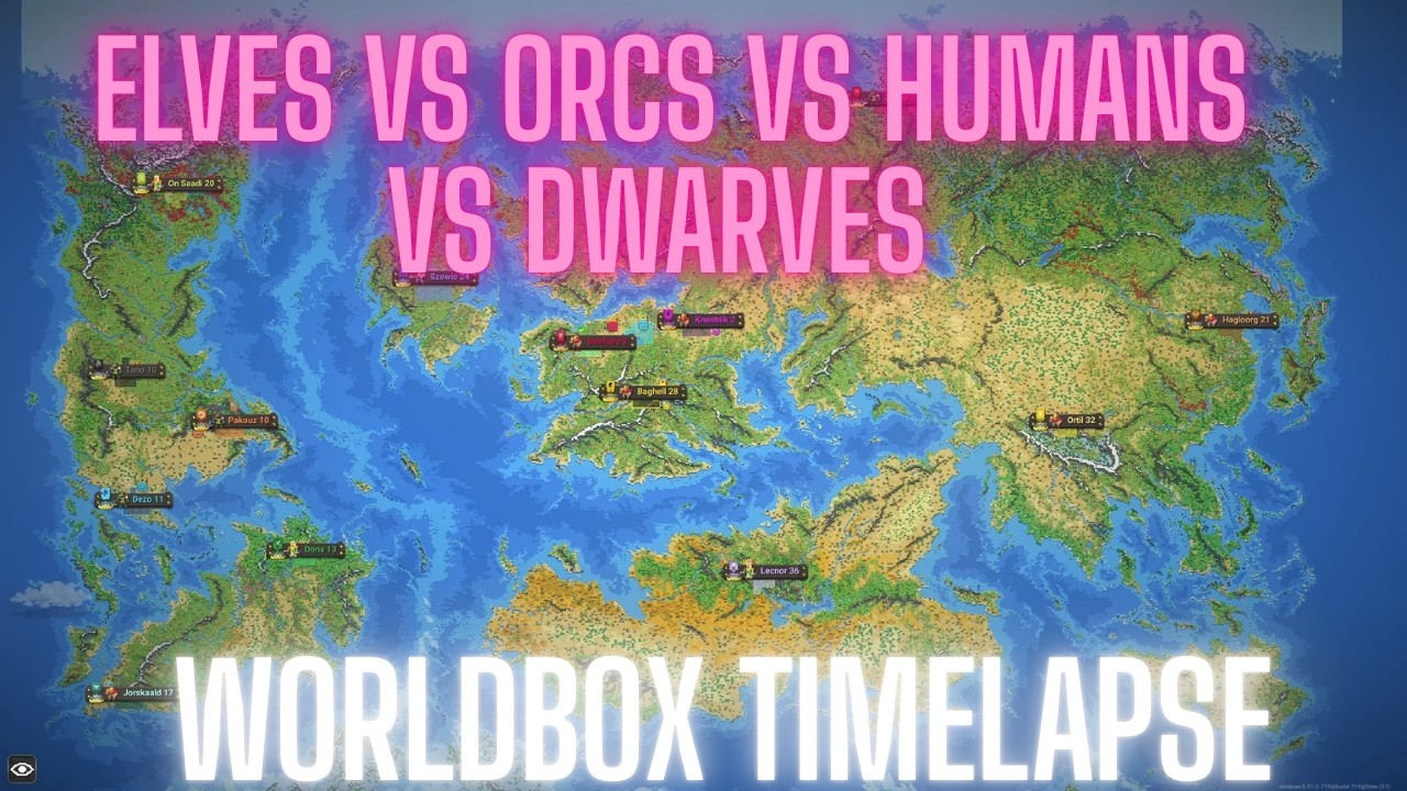 WORLDBOX TIMELAPSE : 50 HUMANS VS 50 ELVES VS 50 ORCS VS 50 DWARFES