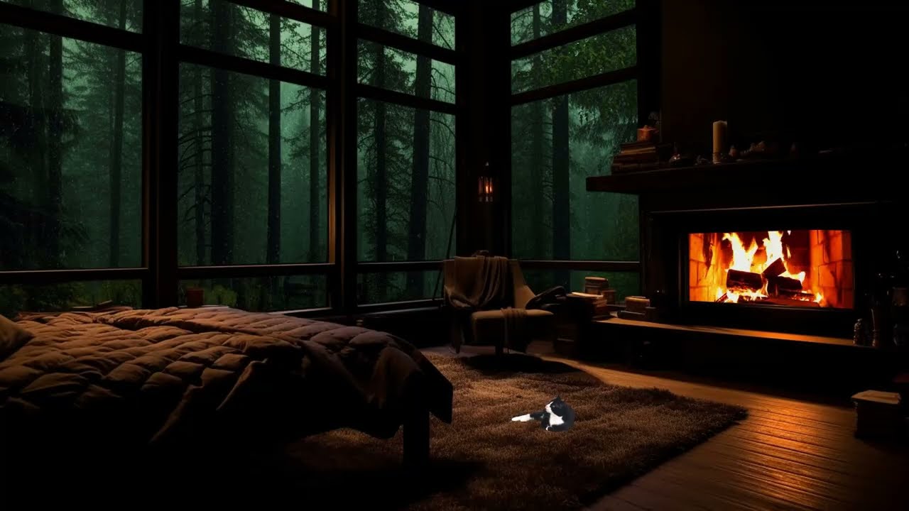 Rain Sound in Forest ⛈️🔥 Fire Crackling & Heavy Rain on Window for Falling Asleep Quickly