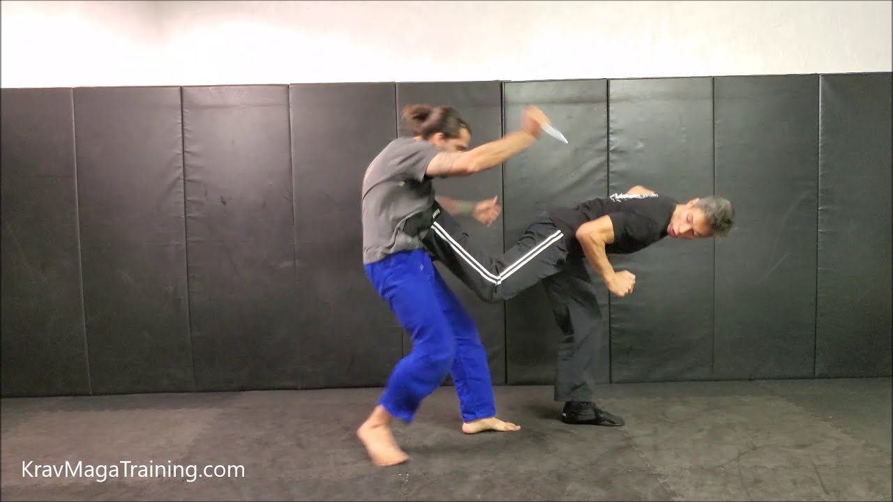 Krav Maga - Kick Defense against Knife Attack from a Distance (Side and Back Kick Variations)