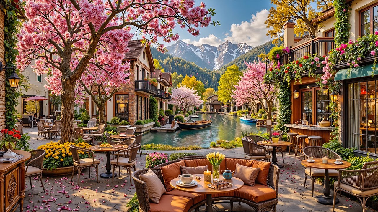 Tranquil Morning Jazz Music - Spring Coffee Shop Ambience with Gentle Cherry Blossom Scene