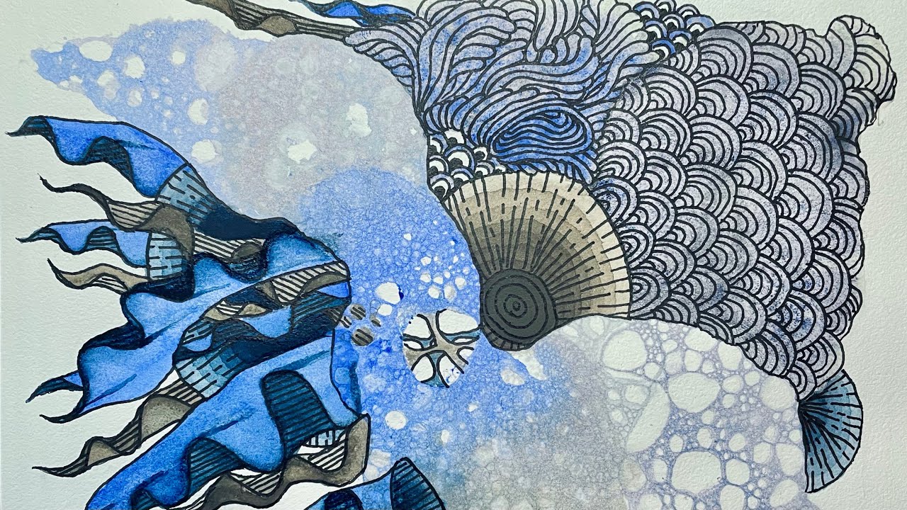 Abstract watercolor line and wash, fineliner doodles 💙 4K doodle/paint along with written guide