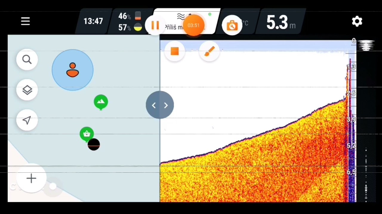 Deeper CHIRP+  (uložení GPS pozice + TEST připojení ve velkých vlnách)  save GPS + TEST big waves