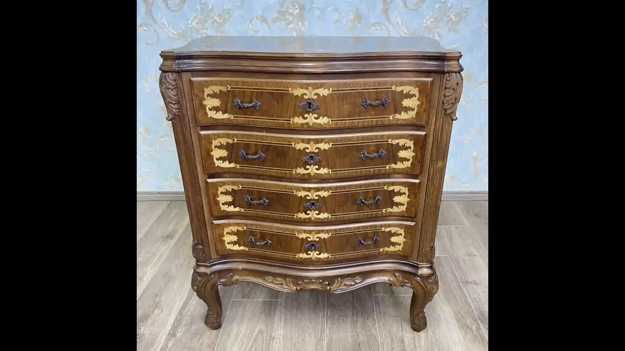 アンティーク フランス 象嵌,猫脚 サーペンタイン型チェスト [ Antique and Reuse Fynd]  FYND-0003481【Fynd 商品動画】