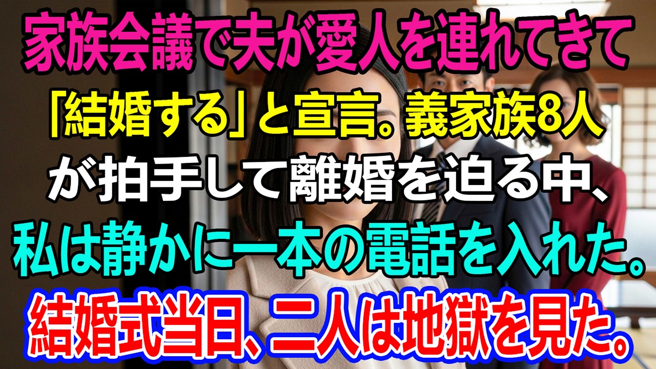 家族会議で夫が愛人を連れてきて「結婚する」と宣言。義家族8人が拍手して離婚を迫る中、私は静かに一本の電話を入れた。結婚式当日、二人は地獄を見た。