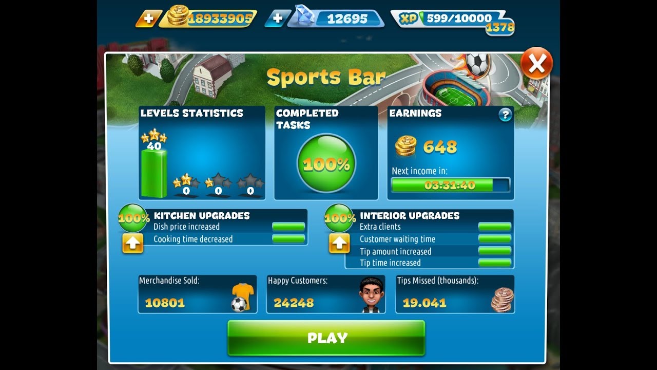 Cooking Fever-Sports Bar Level 1-40(3 Stars)