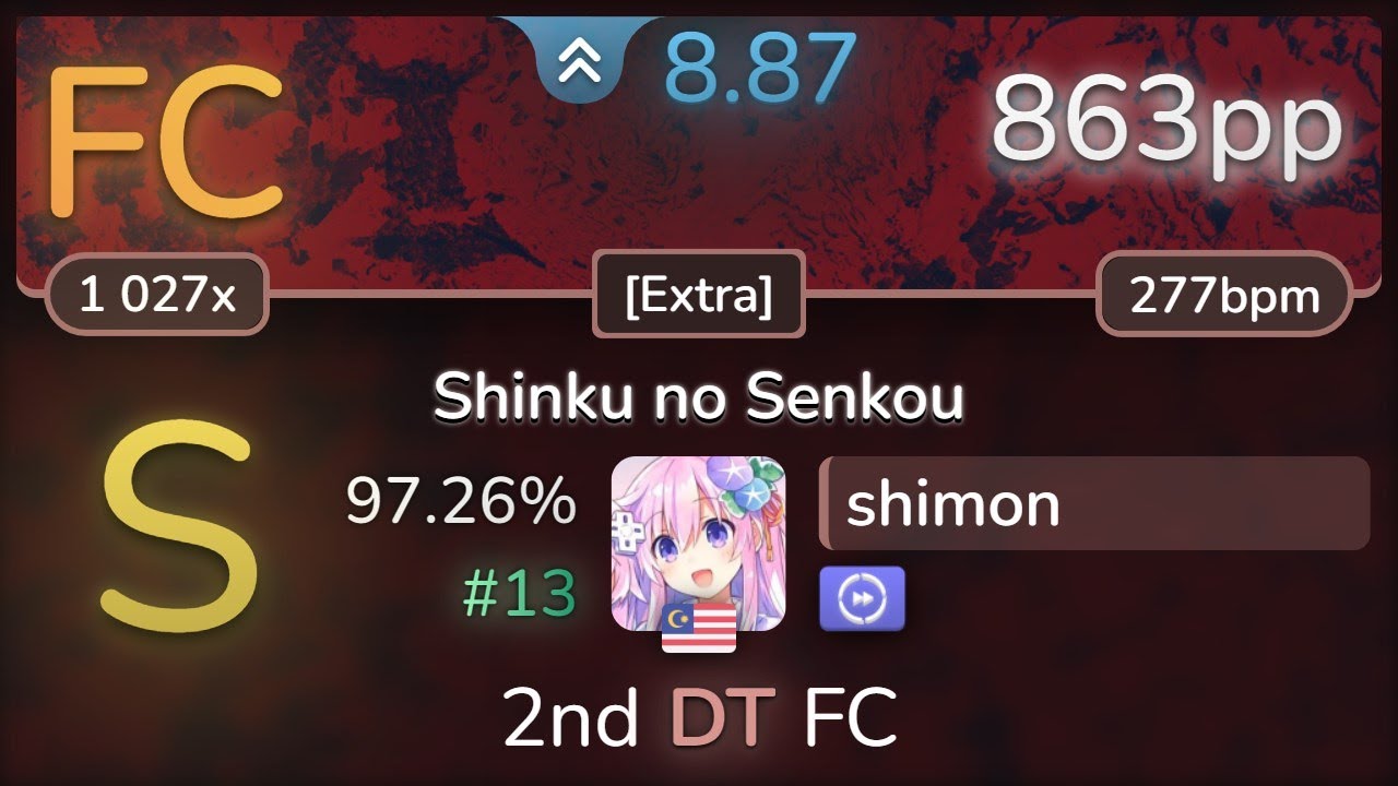shimon | m108 - Shinku no Senkou [Extra] +DT 97.26% (#13 863pp FC) - osu!