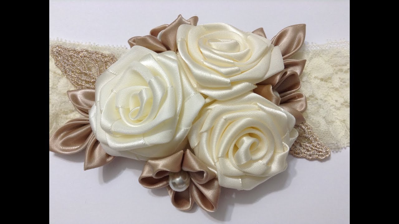Tiara de flores  de  listón para bautizo VIDEO No. 598 creacionesrosaisela