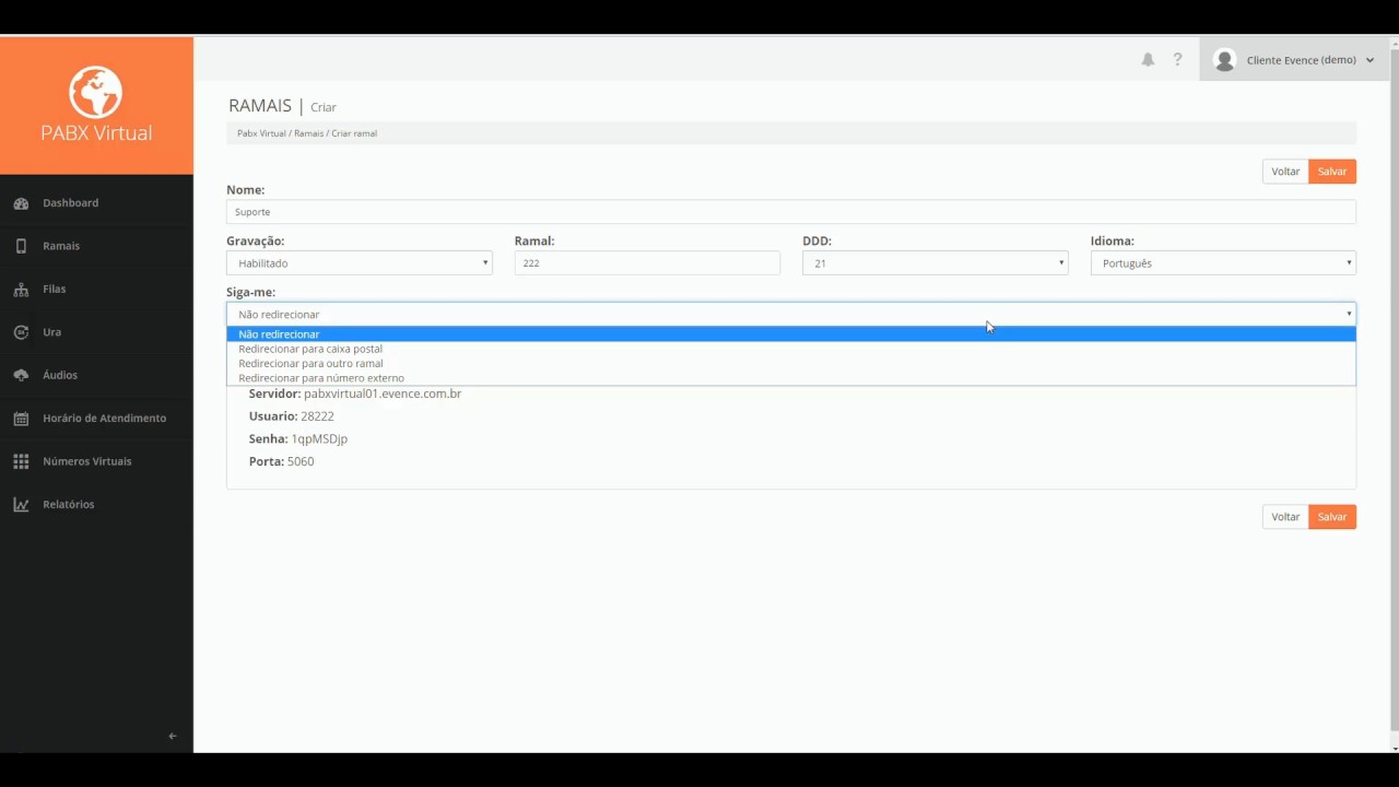 Configurando Ramais no PABX VIRTUAL Evence