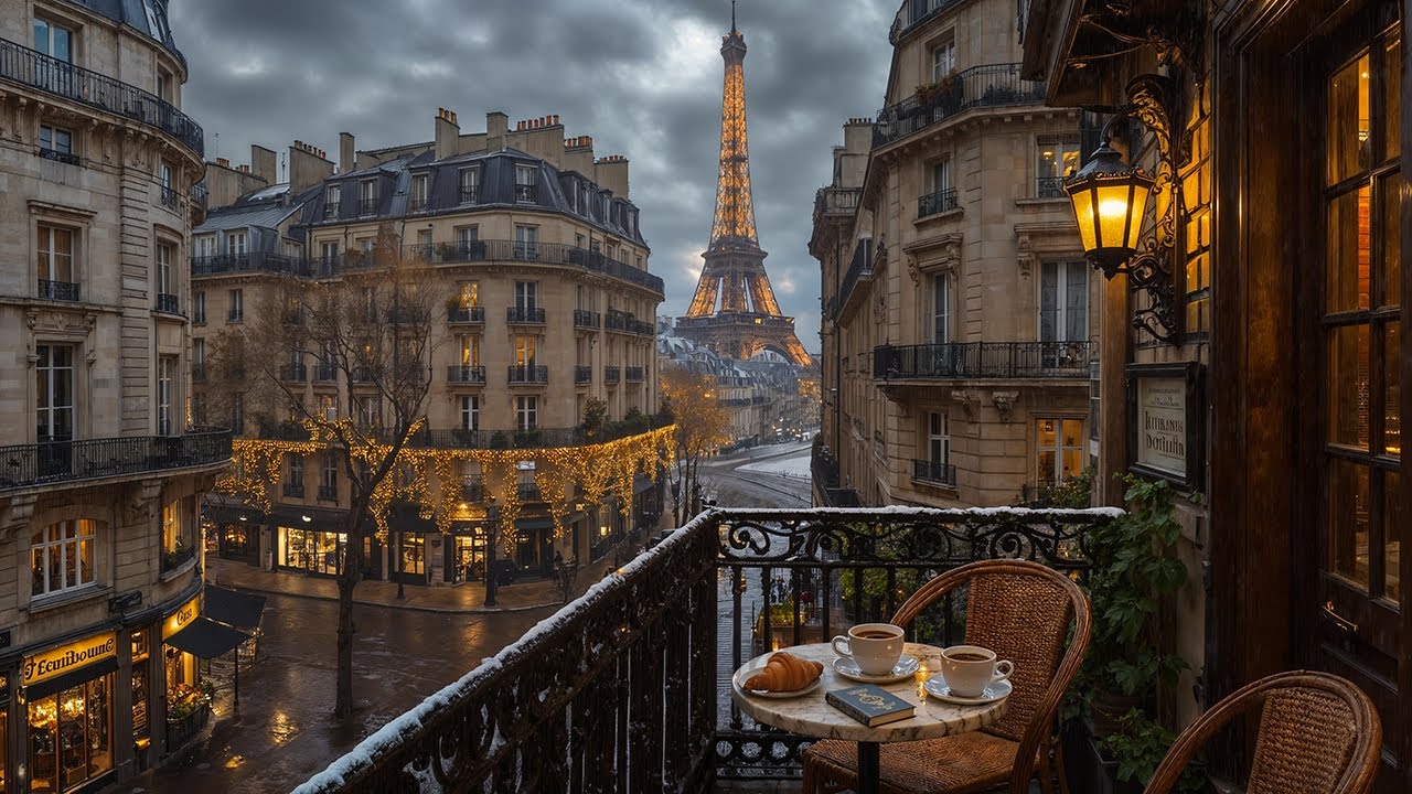 Relaxing Winter Jazz in Paris ☕ Evening Balcony Café Ambience & Smooth Jazz Instrumental to Unwind
