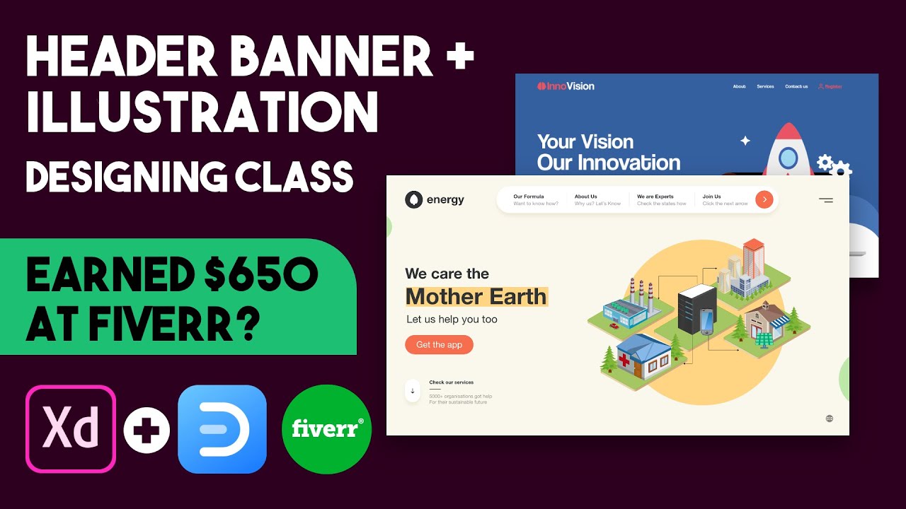 Website header banner design and illustrations in adobe xd and EdrawMax | UIUX design part 40