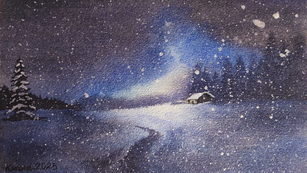 Cozy Snowy Night | Dreamy Winter Watercolor Painting