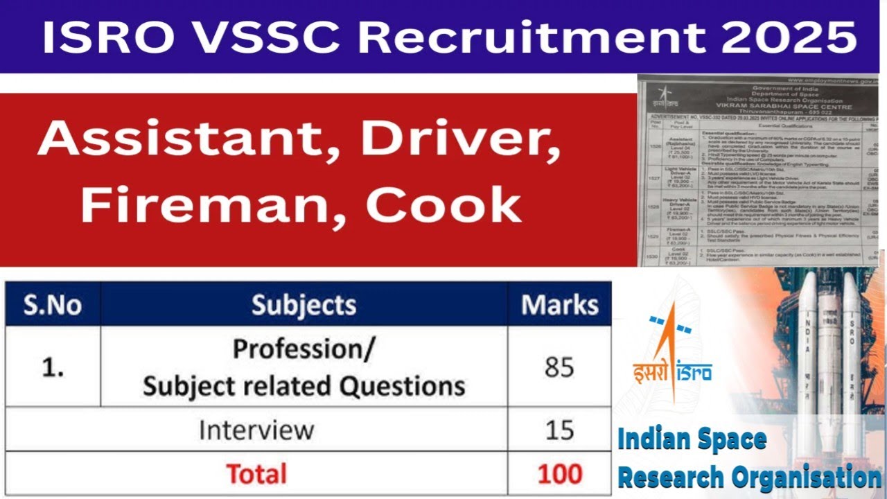 ISRO VSSC Recruitment 2025 | Apply Now for Assistant, Driver, Fireman & Cook | Salary ₹63,200/Month!