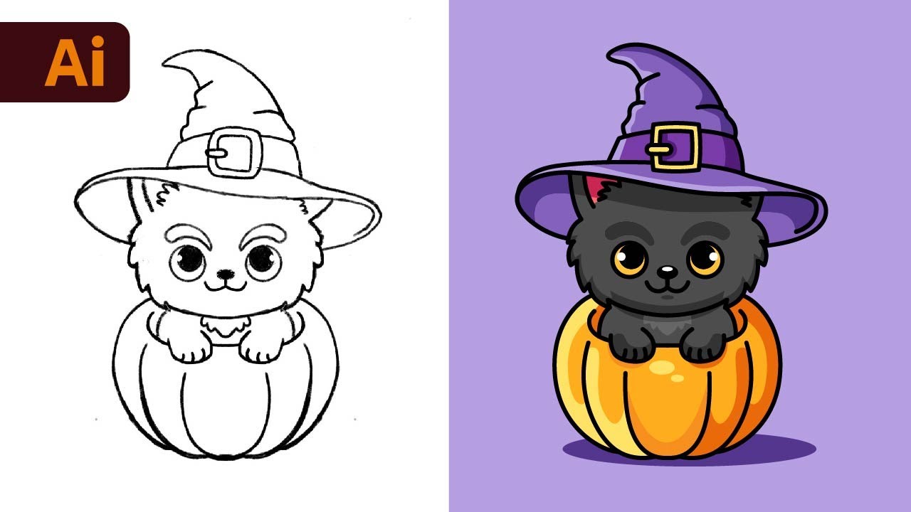 Adobe Illustrator Tutorial - Create a Halloween Cat Character from Sketch