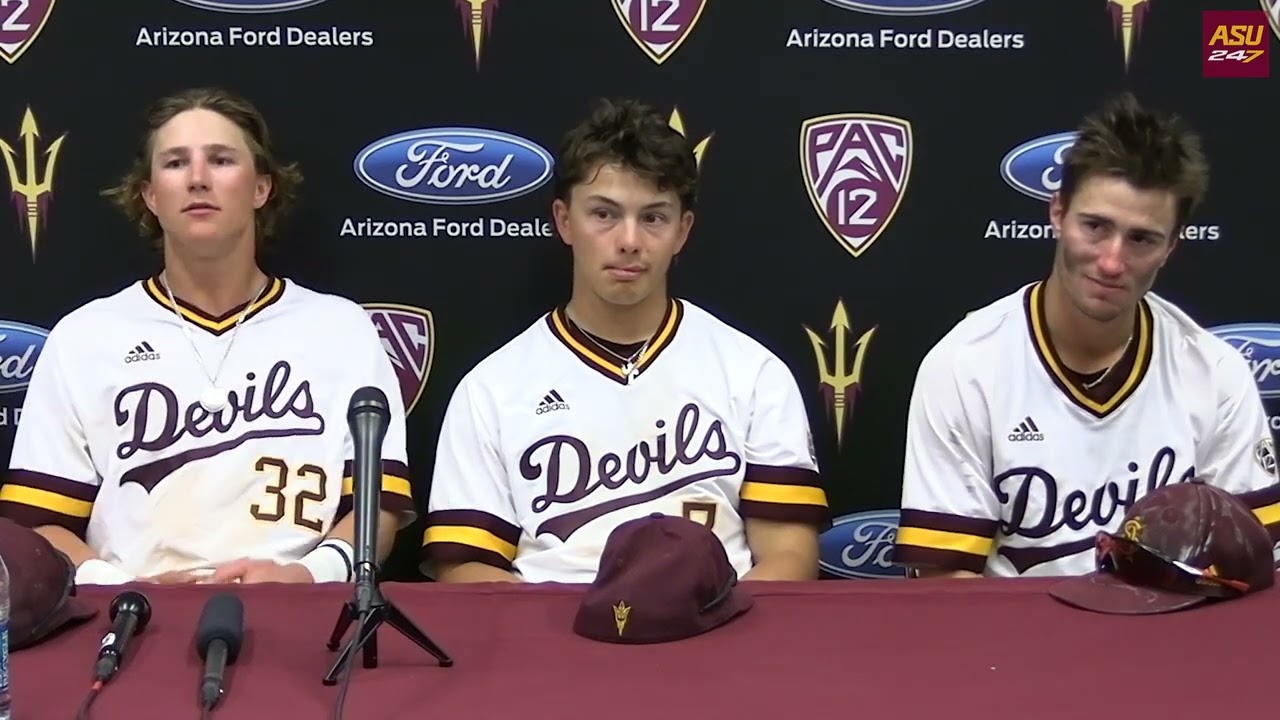 ASU baseball's Luke Keaschall, Luke Hill, and Bronson Balholm following 12-10 win over Oregon State
