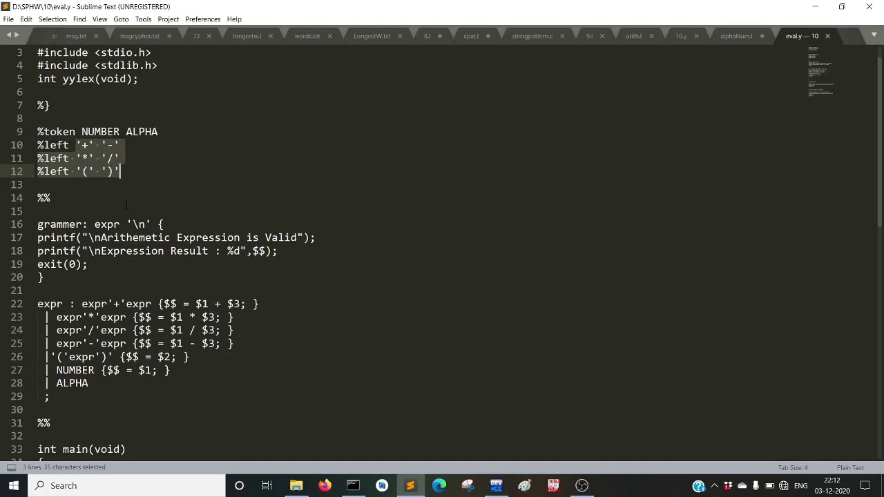 YACC Program to evaluate an expression (simple calculator program)