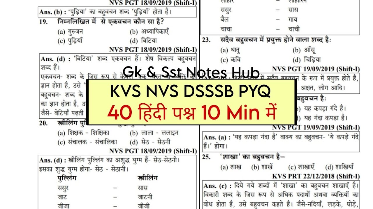 🎯KVS NVS DSSSB Hindi Important question | 40 लिंग व वचन Previous Year question in one video
