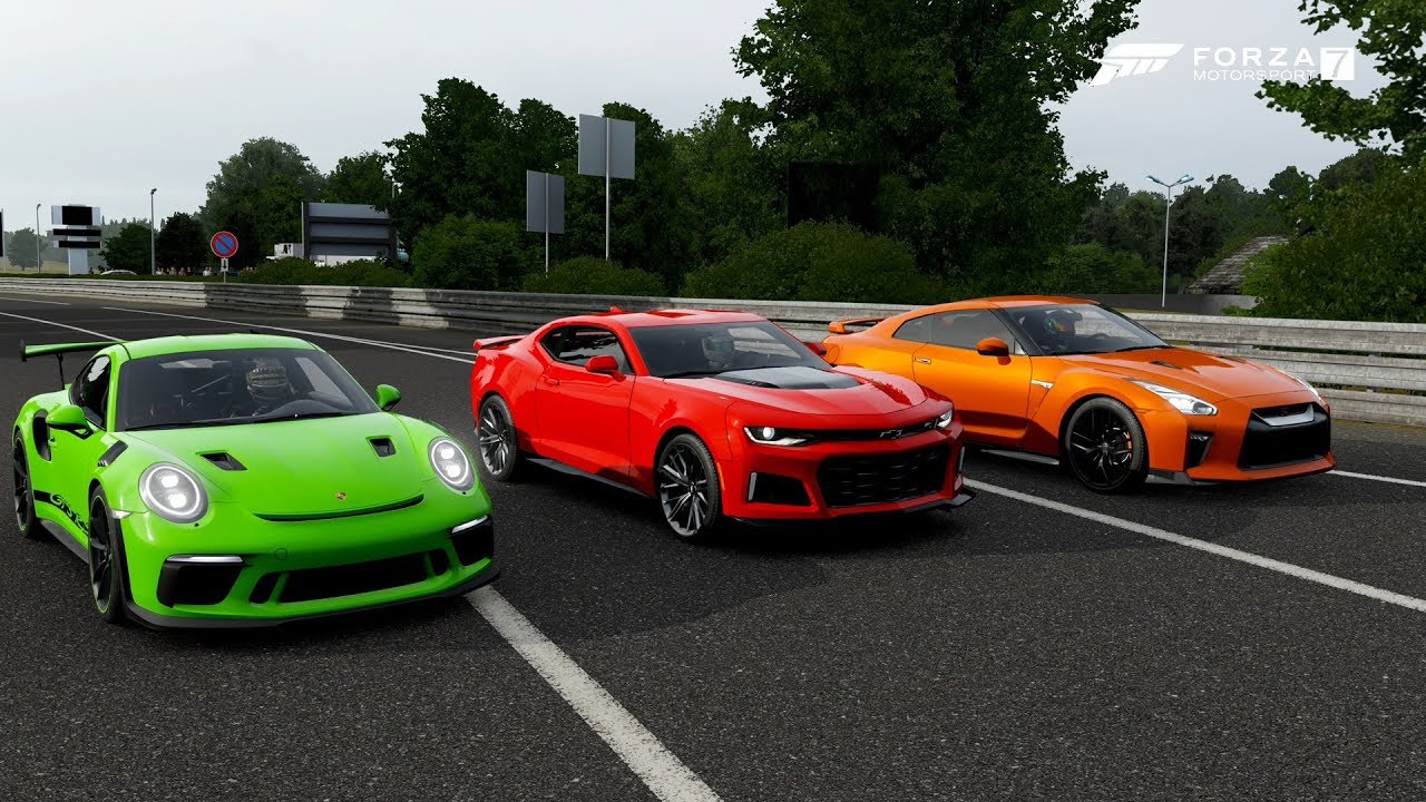 Forza 7 Drag race: 2019 Porsche 911 GT3 RS vs Nissan GTR 2017 vs Chevrolet Camaro ZL1 2017