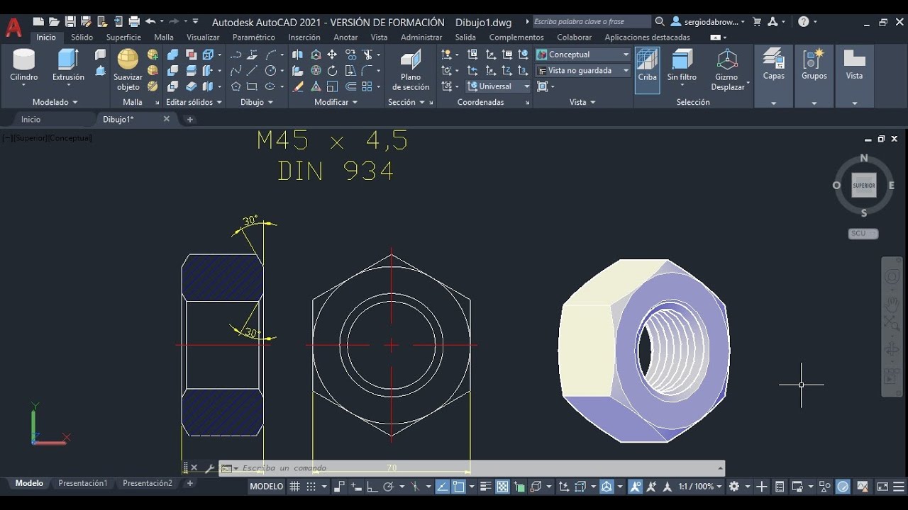 Como modelar una tuerca en Autocad 3D, Comando Barrer. Modelar Rosca Interna