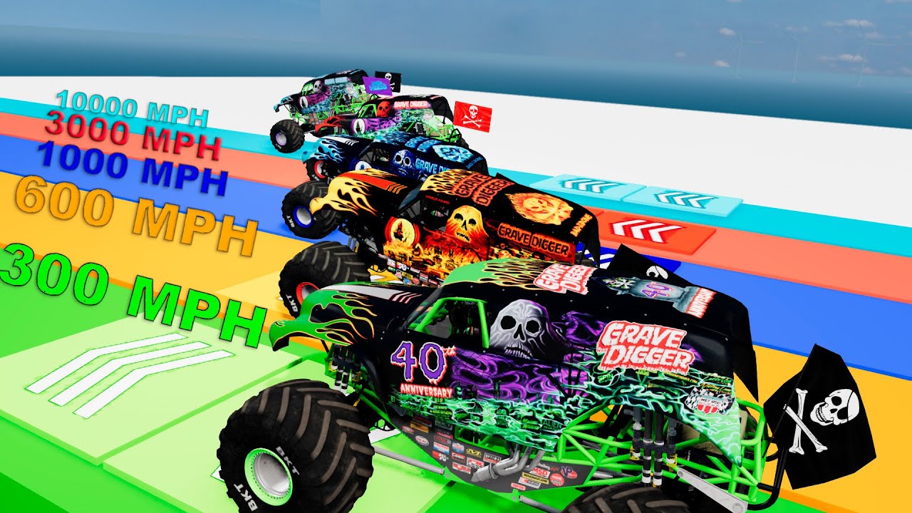 EPIC Speed ​​Boost (400, 800, 1600, 3200, 6400 km/h) - GRAVE DIGGER - BeamNG Monster Truck Crashes