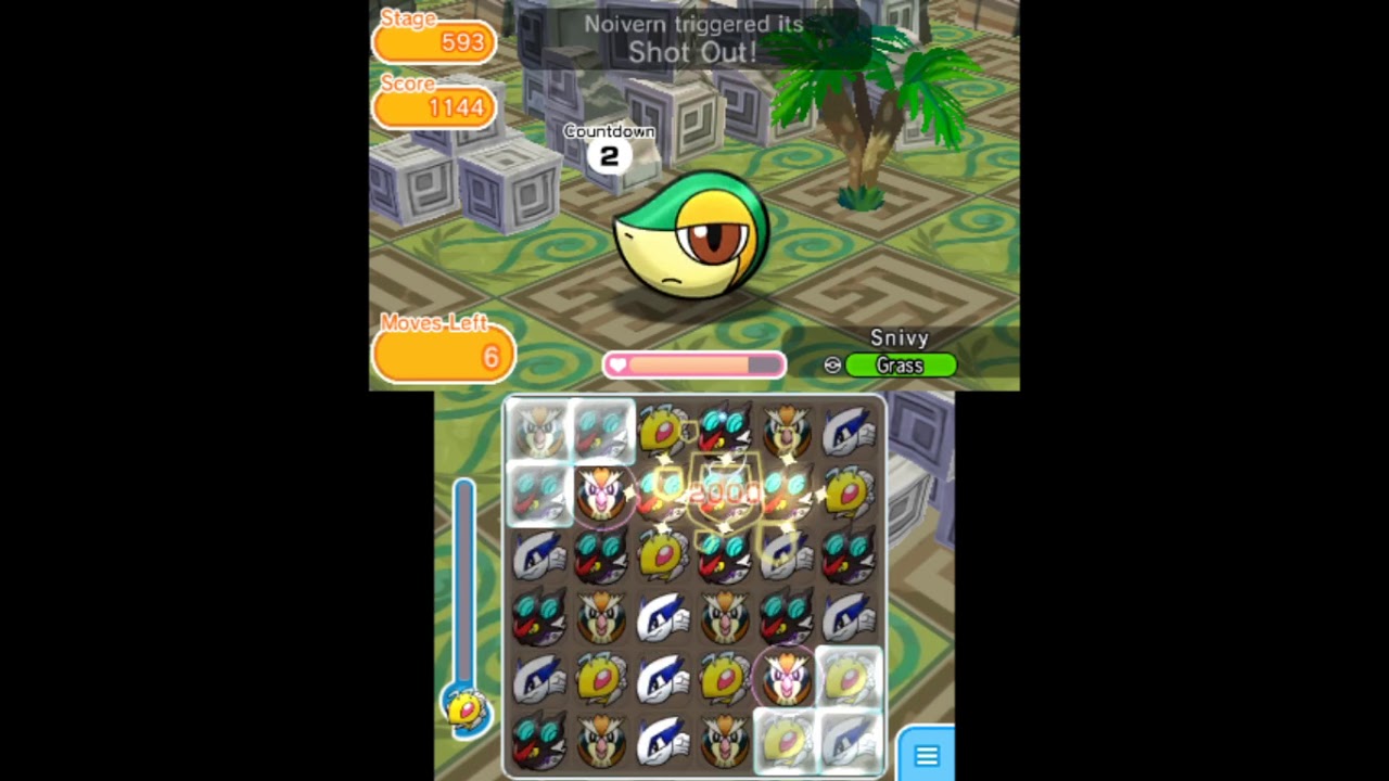 Pokemon Shuffle 3DS - Main Stage 593 Snivy S Rank ITEMLESS