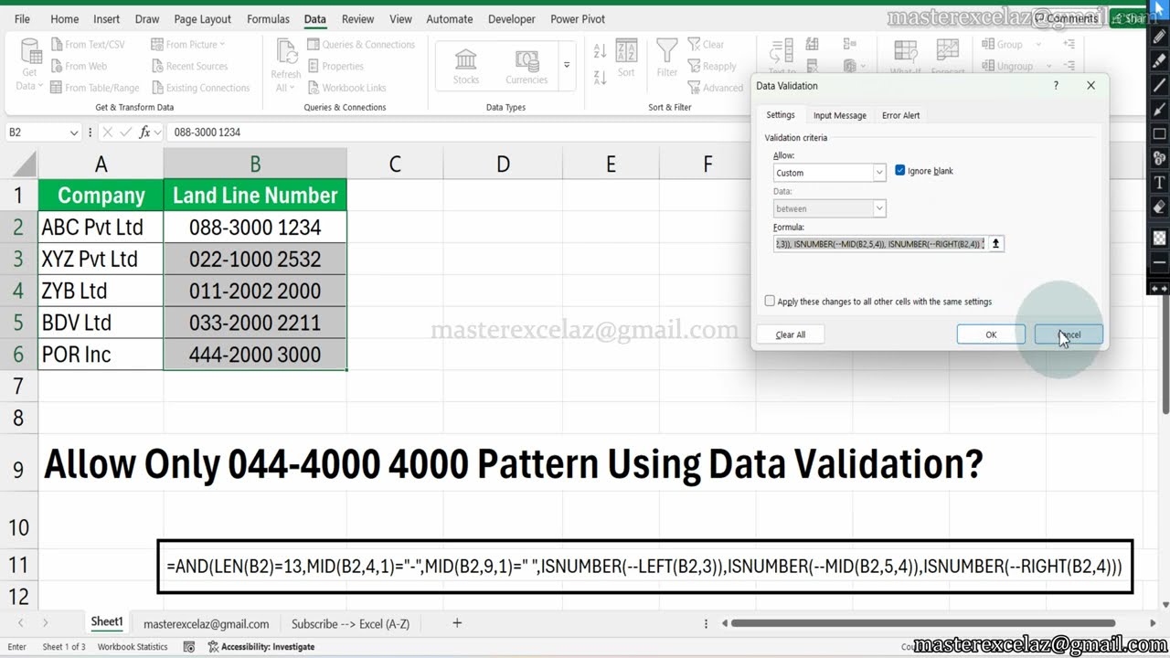 Allow Only 044-4000 4000 Pattern Using Data Validation - Excel Tips and Tricks