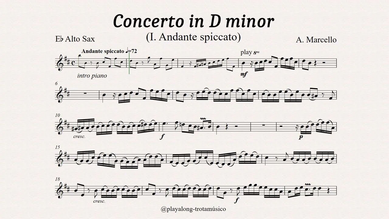 Marcello - Concerto in D minor (I Andante spiccato) for Alto Sax and Piano - Sheet music & Playalong