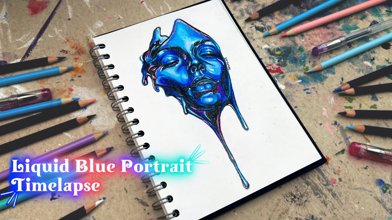 Watch This Liquid Blue Portrait Come to Life | Satisfying Colored Pencil Timelapse