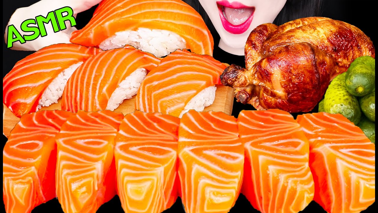 ASMR SALMON SASHIMI, BIG SUSHI, ROTISSERIE CHICKEN 대왕 연어 초밥, 연어 회, 로티세리 치킨 먹방 MUKBANG