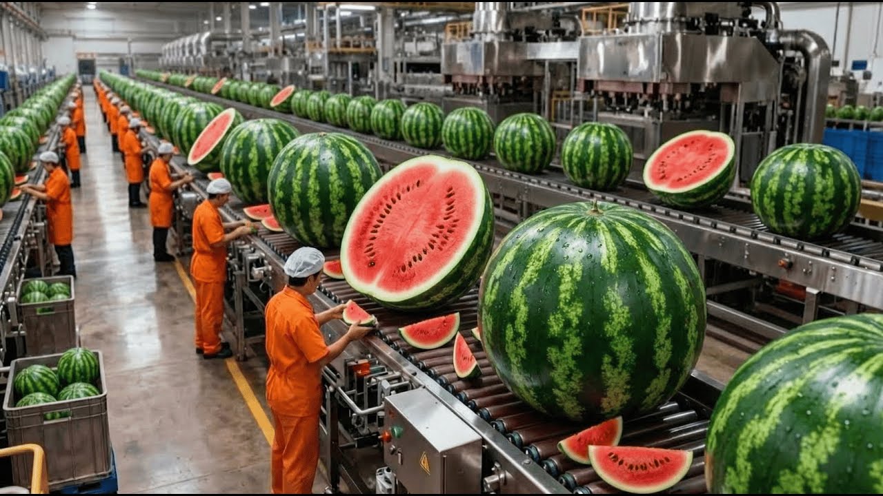 Inside a High-Speed Watermelon Juice Factory: Whole Melons In, Bottles Out (Full Process)