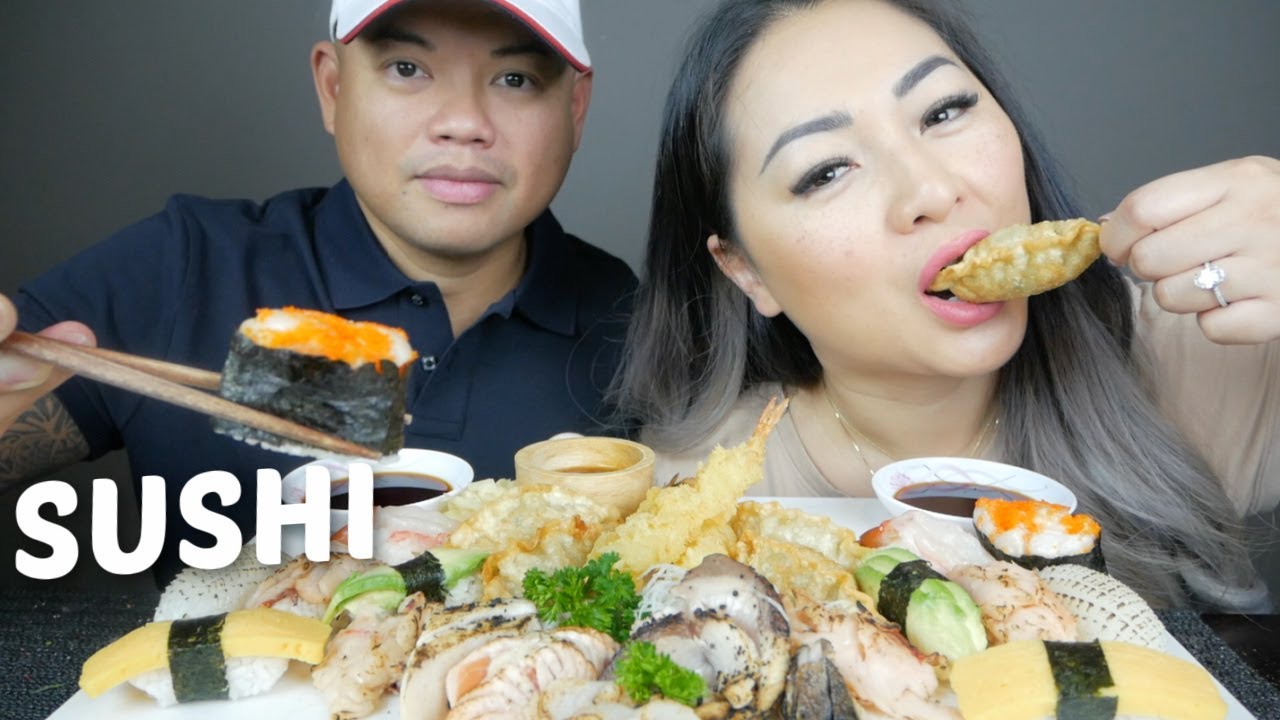 SUSHI Aburi Sashimi, Aburi Nigiri, Pork Gyoza & Deep fried Tempura Mukbang | N.E Let's Eat