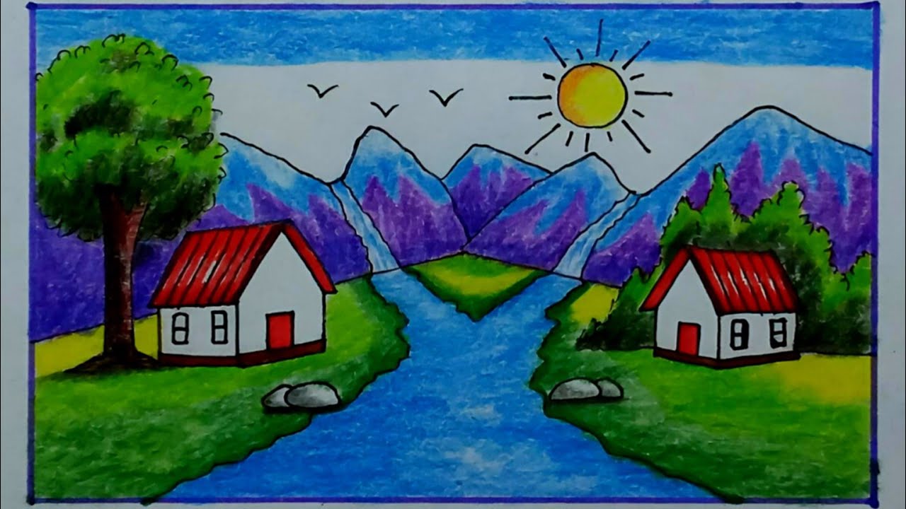 My Beautiful Village Inside a Waterfall and Mountain's | Beautiful Waterfall Cenery Drawing Idea,