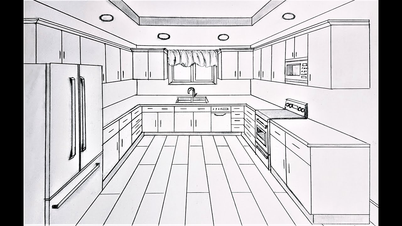 How to draw a kitchen in one point perspective