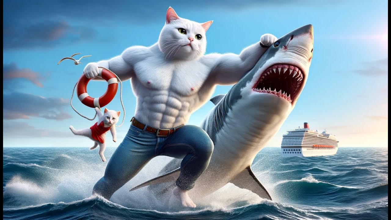 Daddy Fights Shark to Save a Kitten 🐈👊🦈#cat #cutecat #aicat