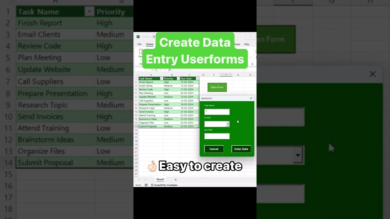 Create Data Entry UserForms in Excel  #shortsvideo #vba #exceltips