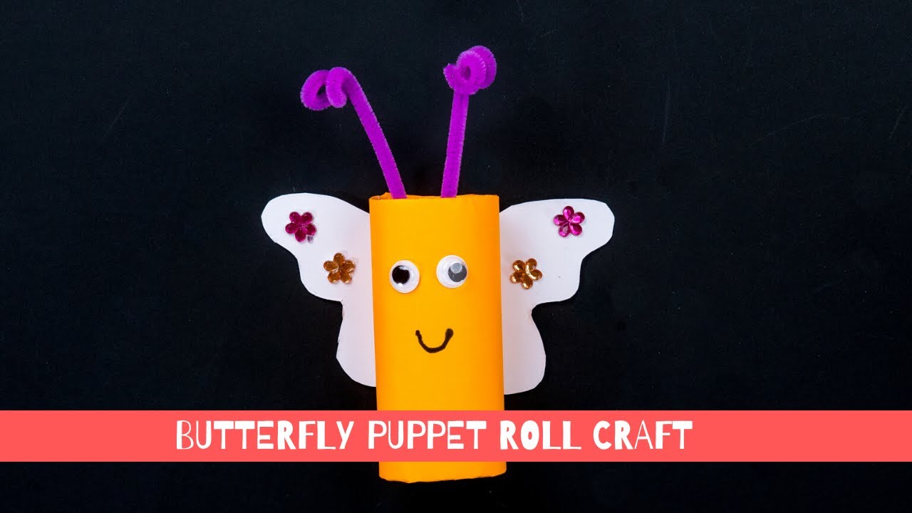 HOW TO MAKE A BUTTERFLY PUPPET WITH A PAPER ROLL. Easy recyclable craft for kids.