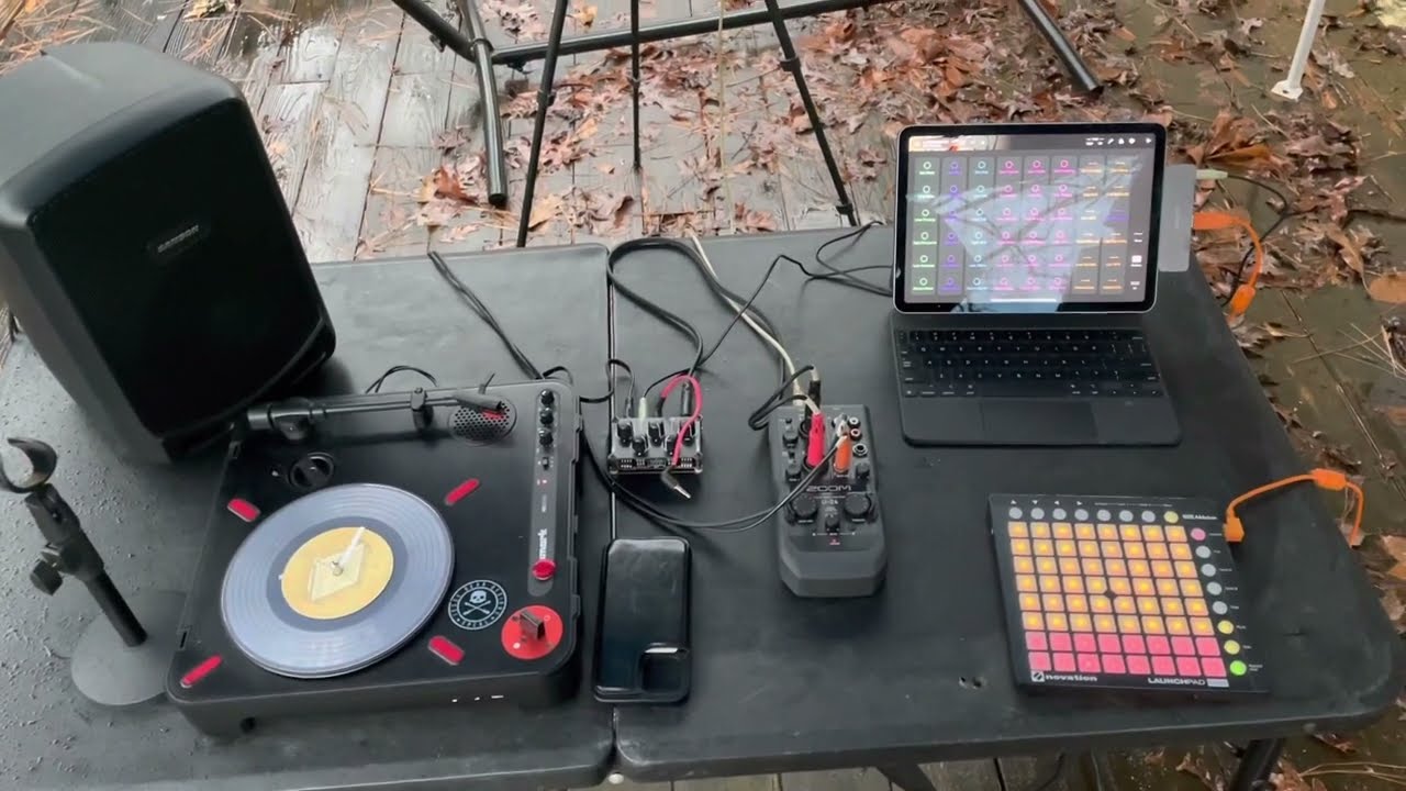 My portable streaming rig with the Zoom U-24, Numark PT-01 Scratch, and iPad Air