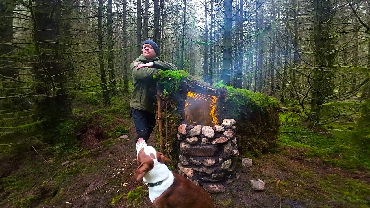 Racing The Dark  : Moss Shelter & Stone Fireplace Built in 6 Hours -Irish Bushcraft 🐾🔥