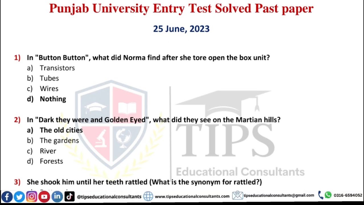 Past Paper Punjab University Admission Test 25, June 2023 | Punjab University Entry test past papers