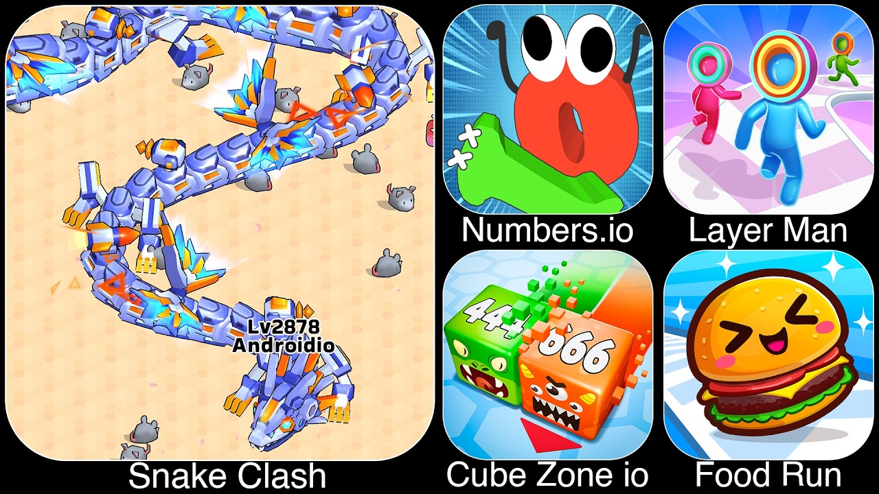 Snake Clash, Numbers io, Layer Man 3D Run and Collect, Cube Zone io, Food Run Crowd Control Games