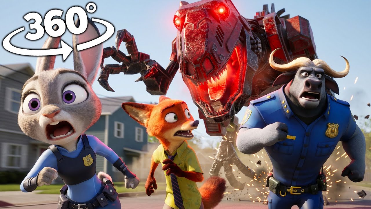 360° VR: Zootopia Animals Faces the Robot Tyrannosaurus in the Village! | 8K